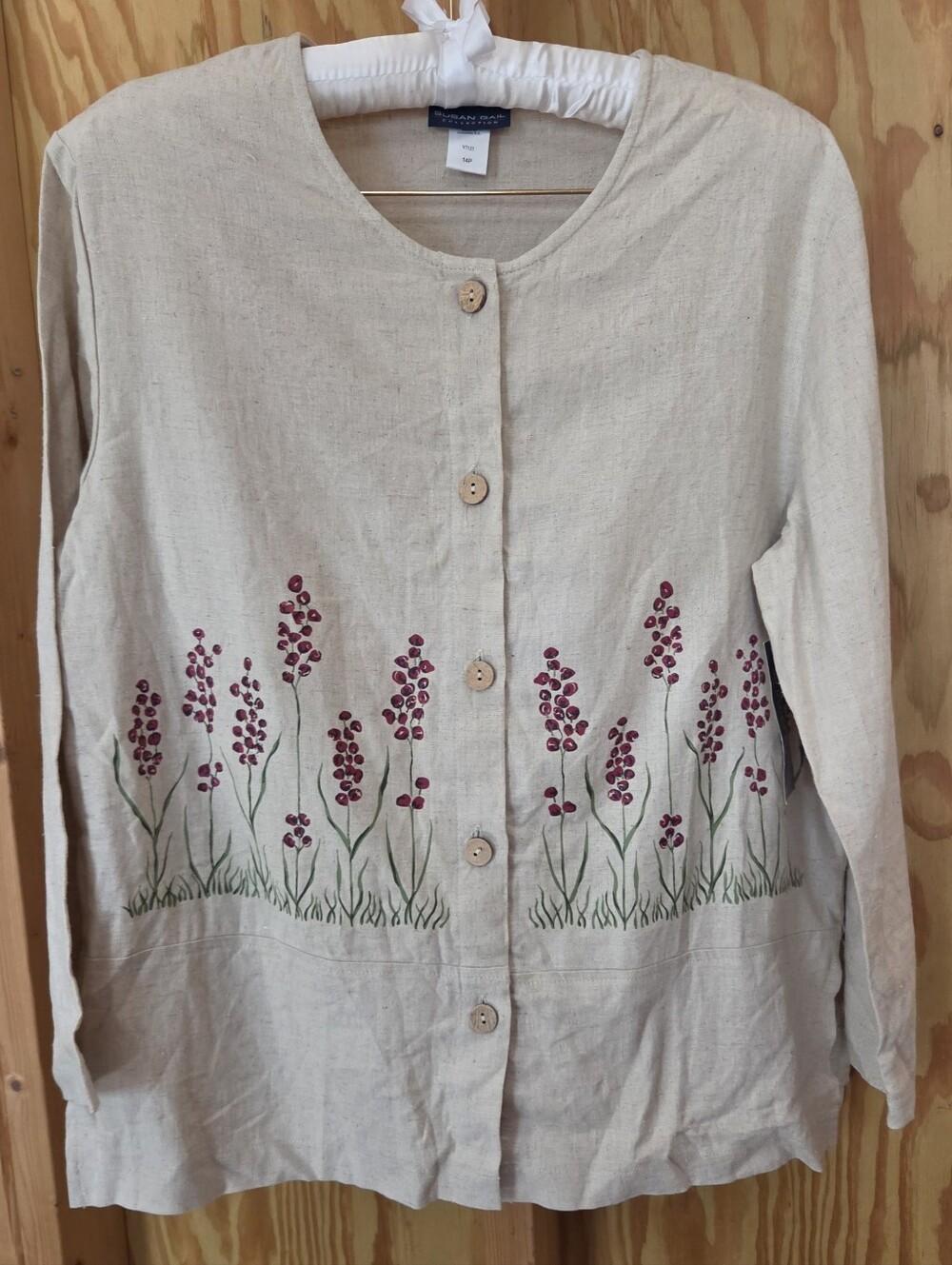 NWT Susan Gail Linen Blend Floral Shirt Size 14P Petite Tan Red Painted Flowers